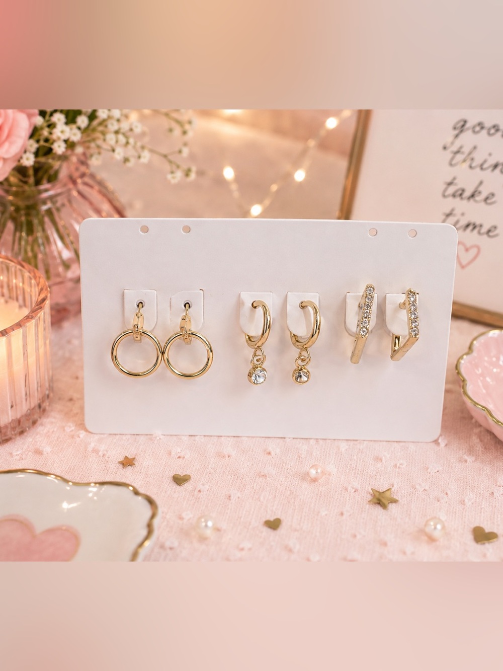 ✨ Hypoallergenic Gold Tone Mixed Stud & Hoop Earring Set – 3 Pairs ✨